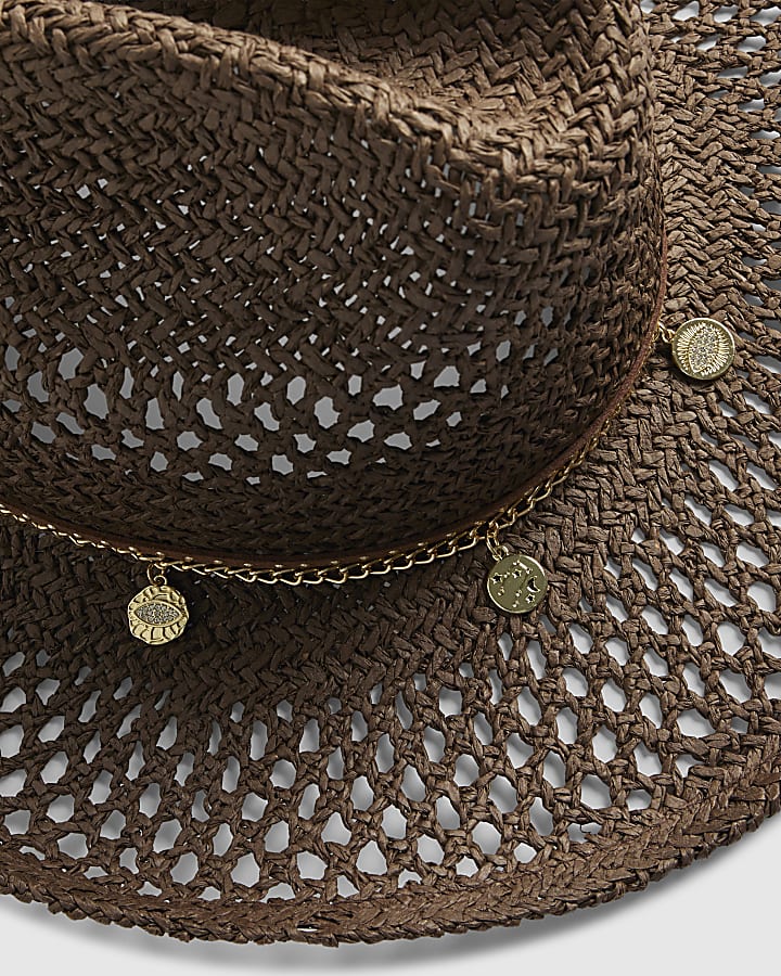 Brown Coin Band Raffia Hat