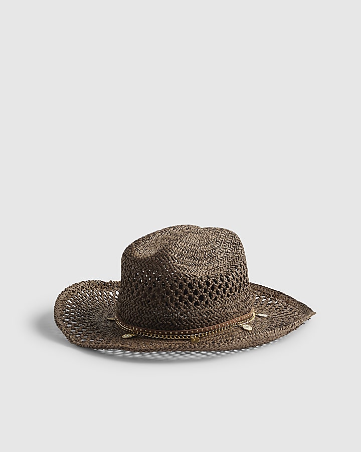 Brown Coin Band Raffia Hat
