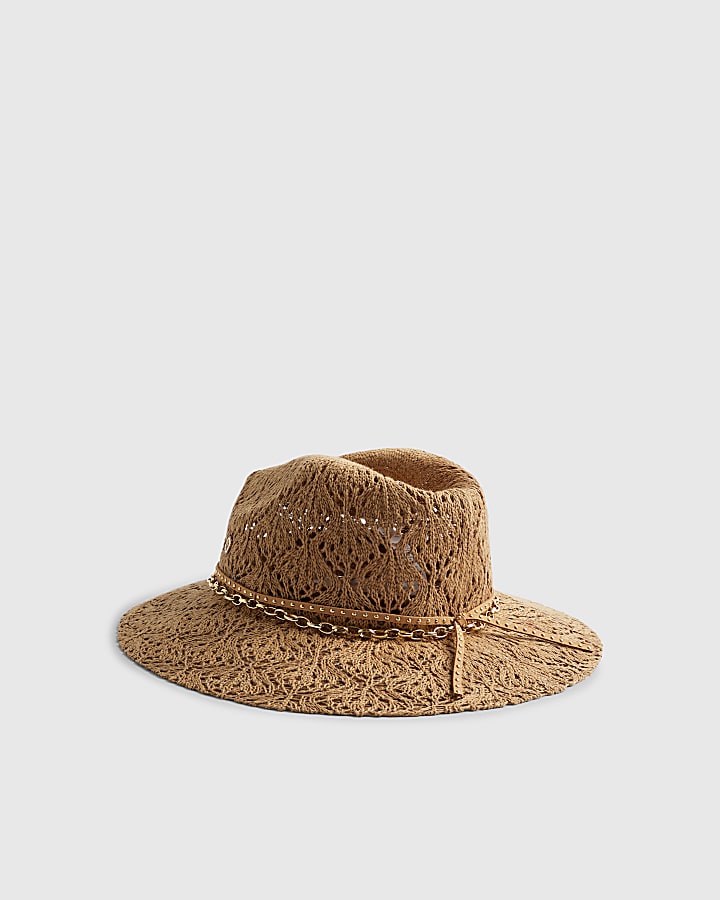 Beige Studded Open Weave Fedora Hat