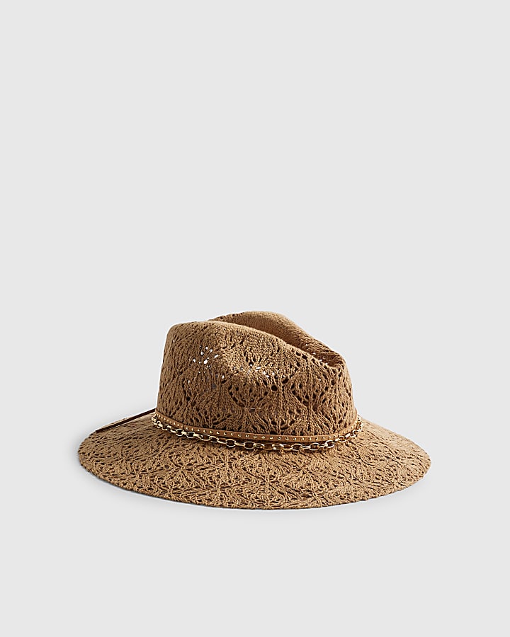 Beige Studded Open Weave Fedora Hat