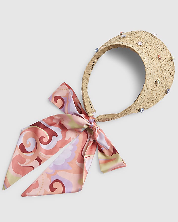 Beige Diamante Scarf Detail Visor Hat