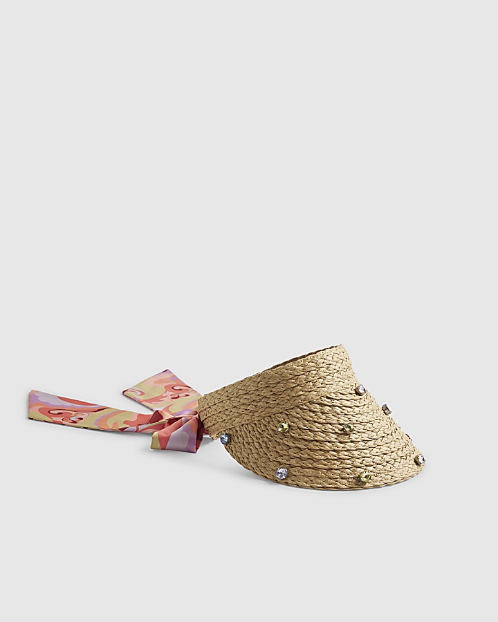 Beige Diamante Scarf Detail Visor