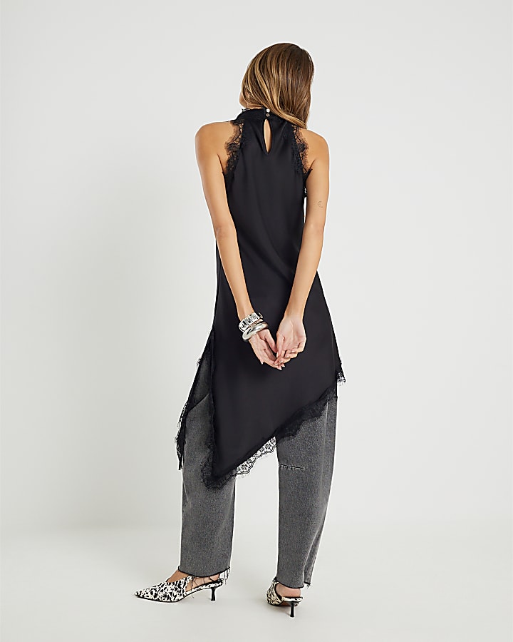 Black Sleeveless Longline Lace Trim Top