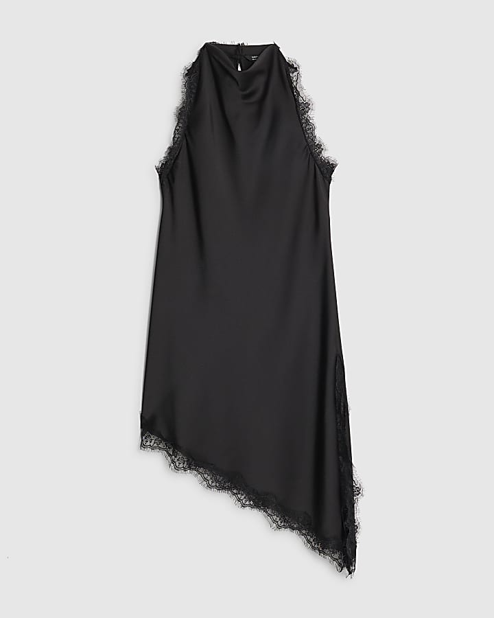 Black Sleeveless Longline Lace Trim Top