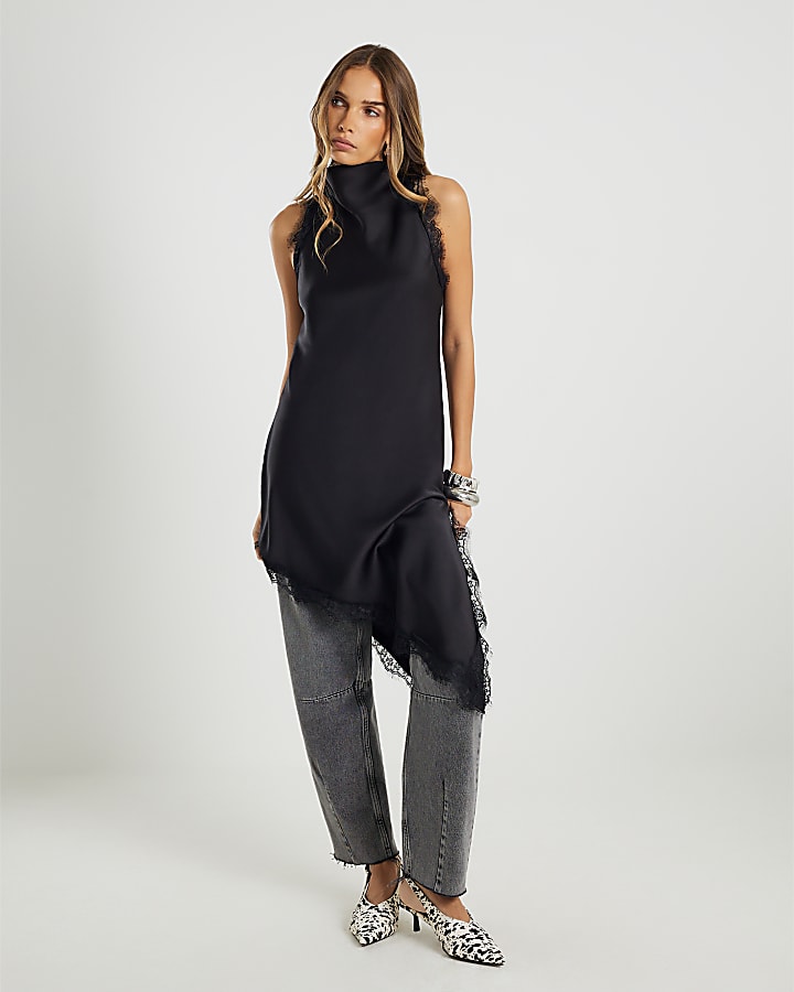 Black Sleeveless Longline Lace Trim Top