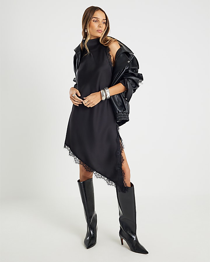 Black Sleeveless Longline Lace Trim Top
