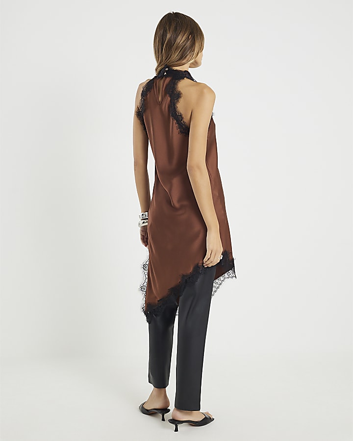 Brown Sleeveless Longline Lace Trim Top