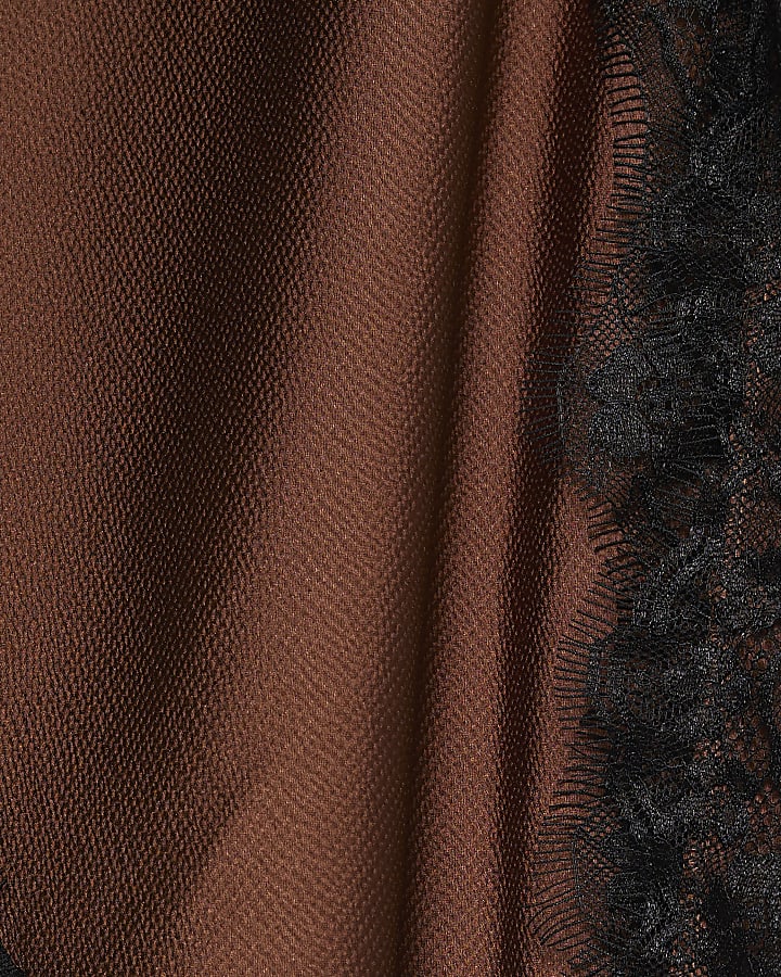 Brown Sleeveless Longline Lace Trim Top