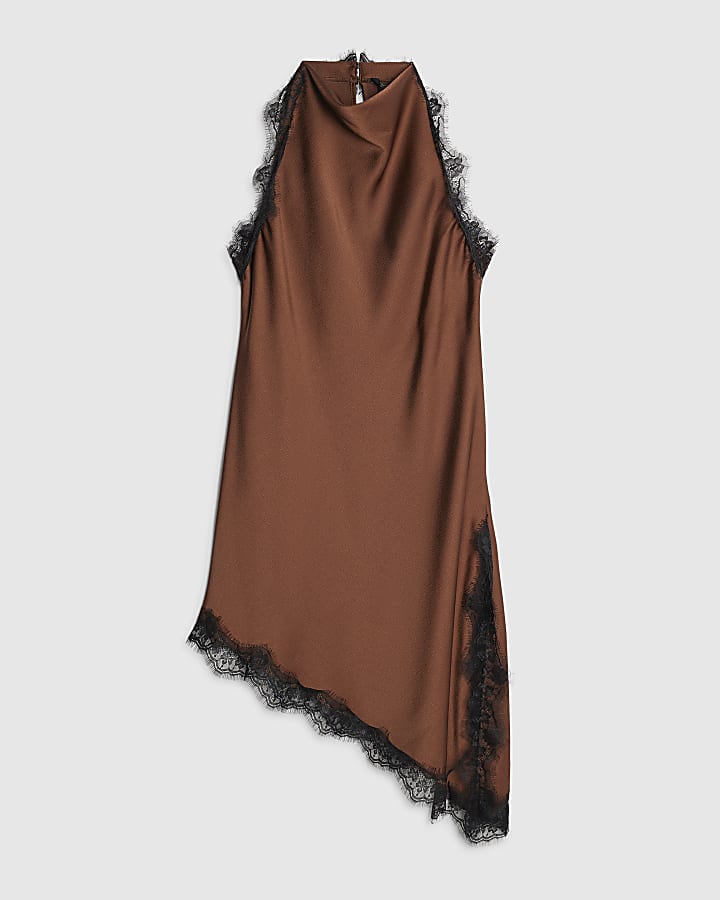 Brown Sleeveless Longline Lace Trim Top