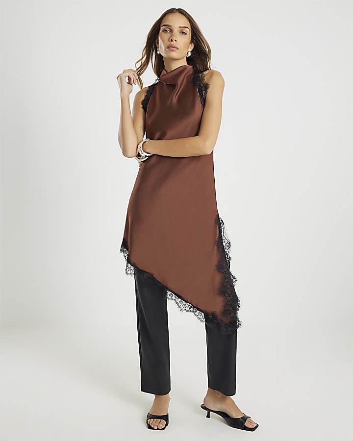 Brown Sleeveless Longline Lace Trim Top