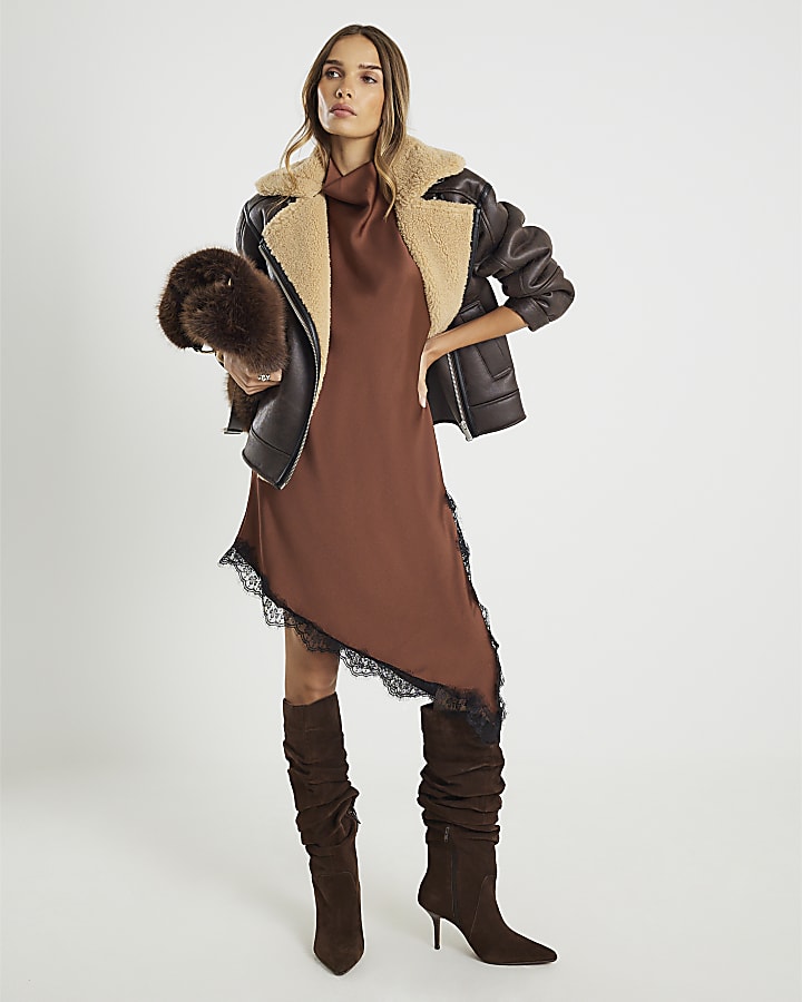 Brown Sleeveless Longline Lace Trim Top