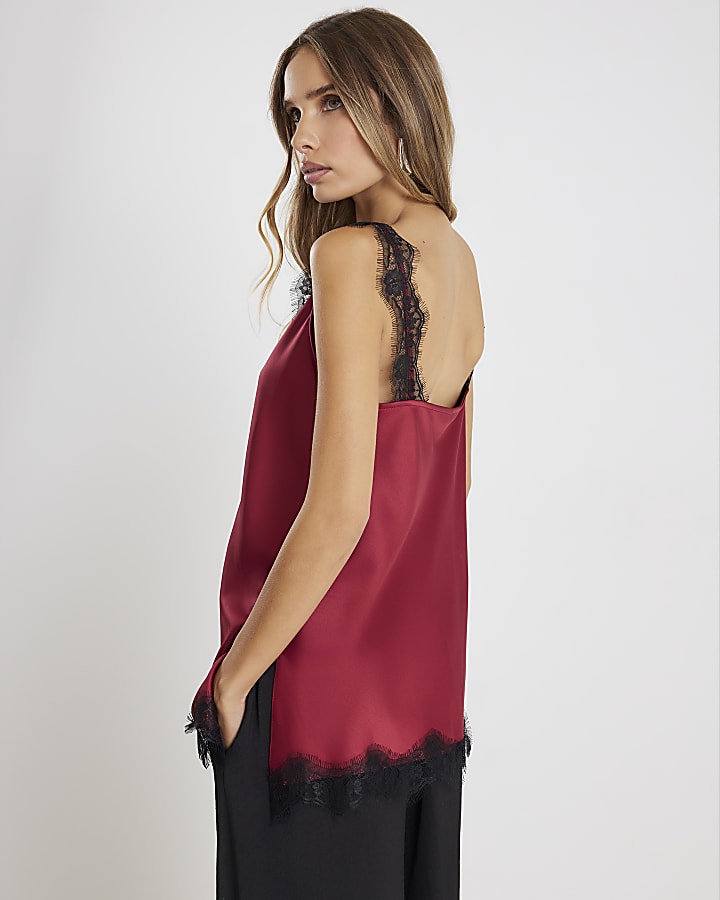 Red Sleeveless Lace Trim Tank Top