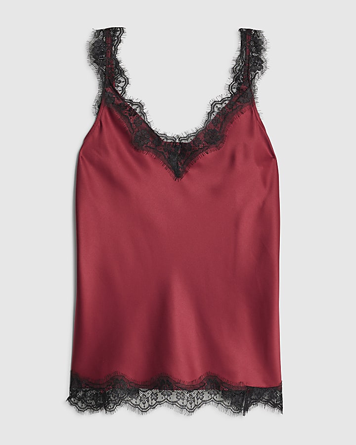 Red Sleeveless Lace Trim Tank Top