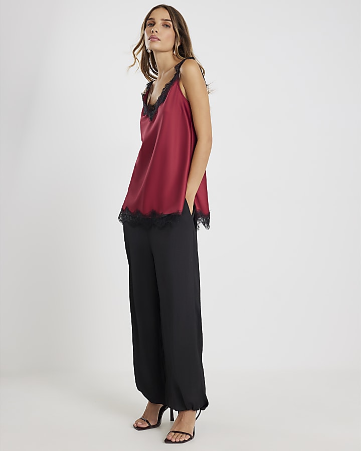 Red Sleeveless Lace Trim Tank Top