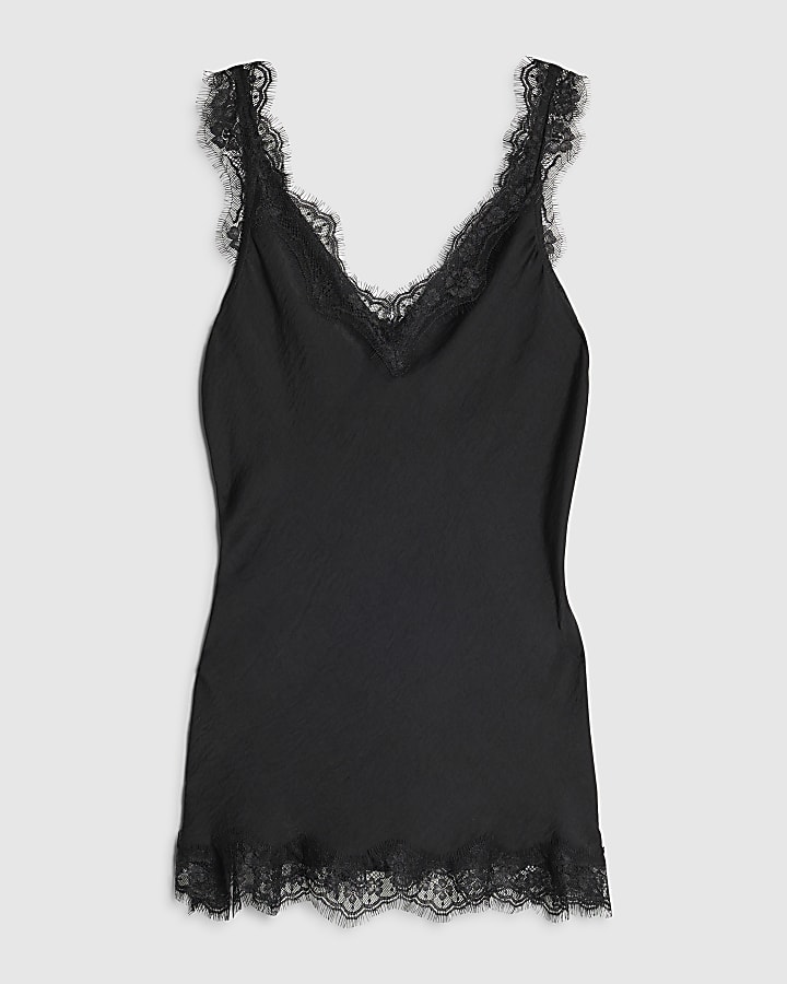 Black Sleeveless Lace Trim Tank Top