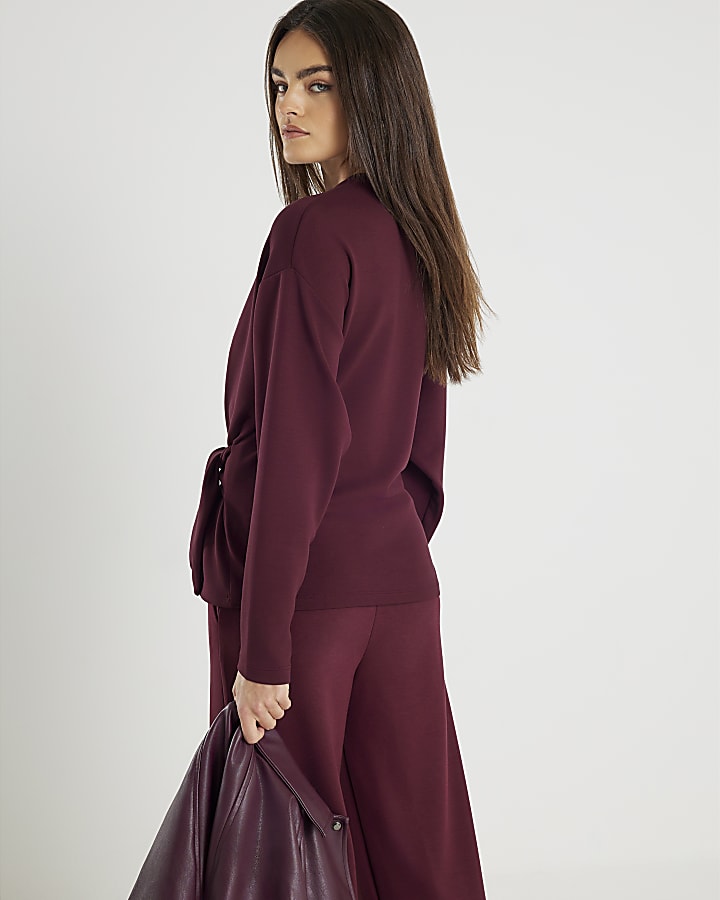 Red Premium Long Sleeve Tie Front Top