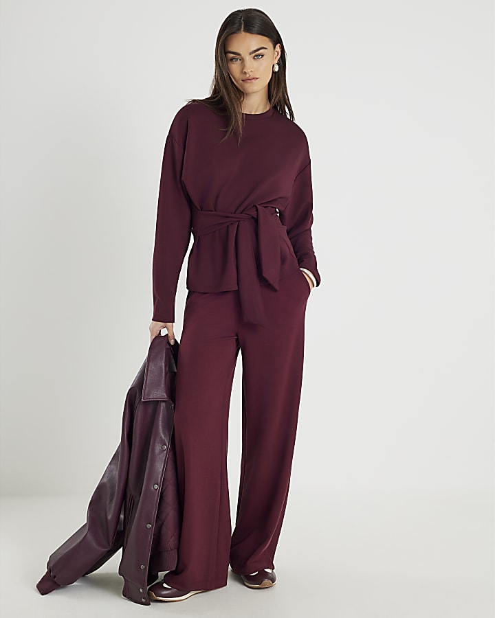 Red Premium Long Sleeve Tie Front Top