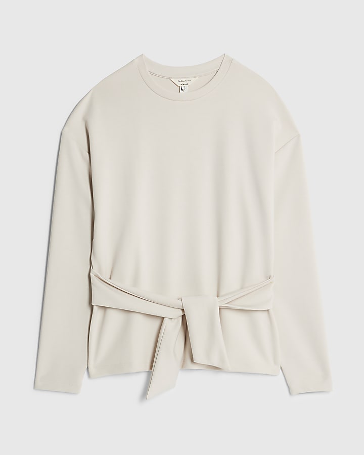 Cream Premium Long Sleeve Tie Front Top