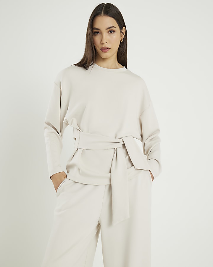 Cream Premium Long Sleeve Tie Front Top