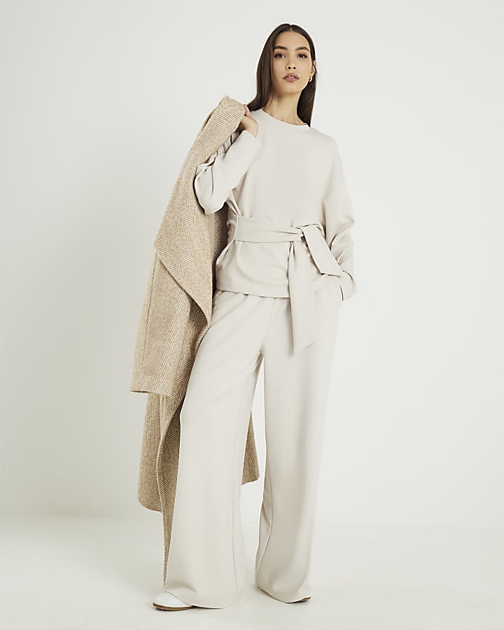 Cream Premium Long Sleeve Tie Front Top