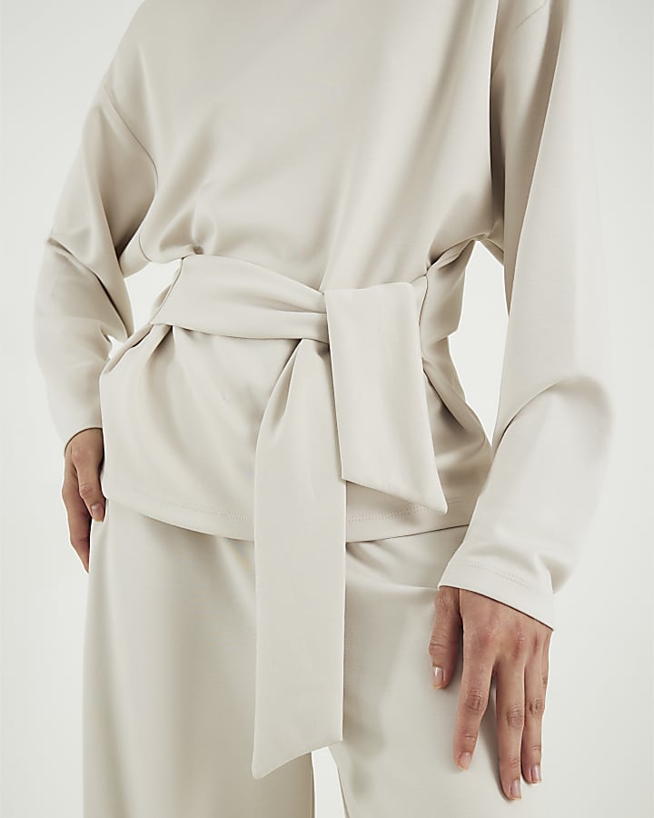 Cream Premium Long Sleeve Tie Front Top