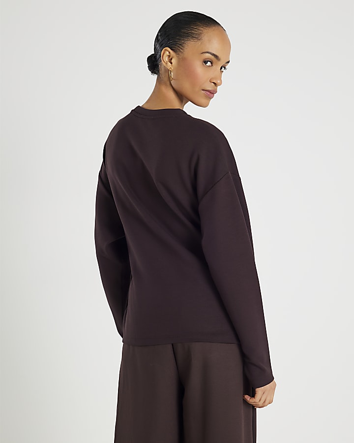 Brown Premium Long Sleeve Tie Front Top