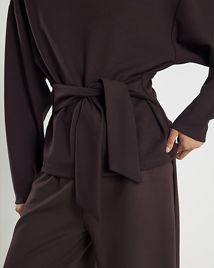 Brown Premium Long Sleeve Tie Front Top