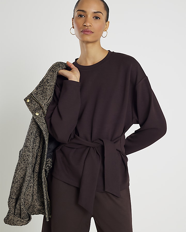 Brown Premium Long Sleeve Tie Front Top