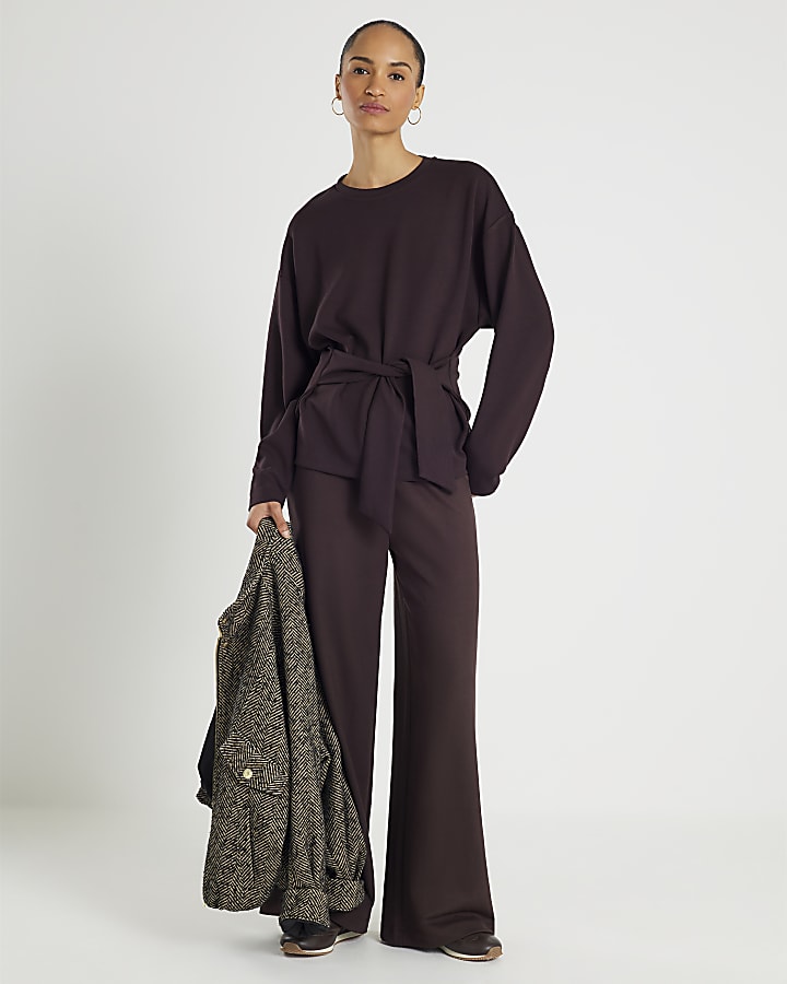 Brown Premium Long Sleeve Tie Front Top