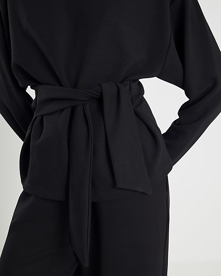 Black Premium Long Sleeve Tie Front Top