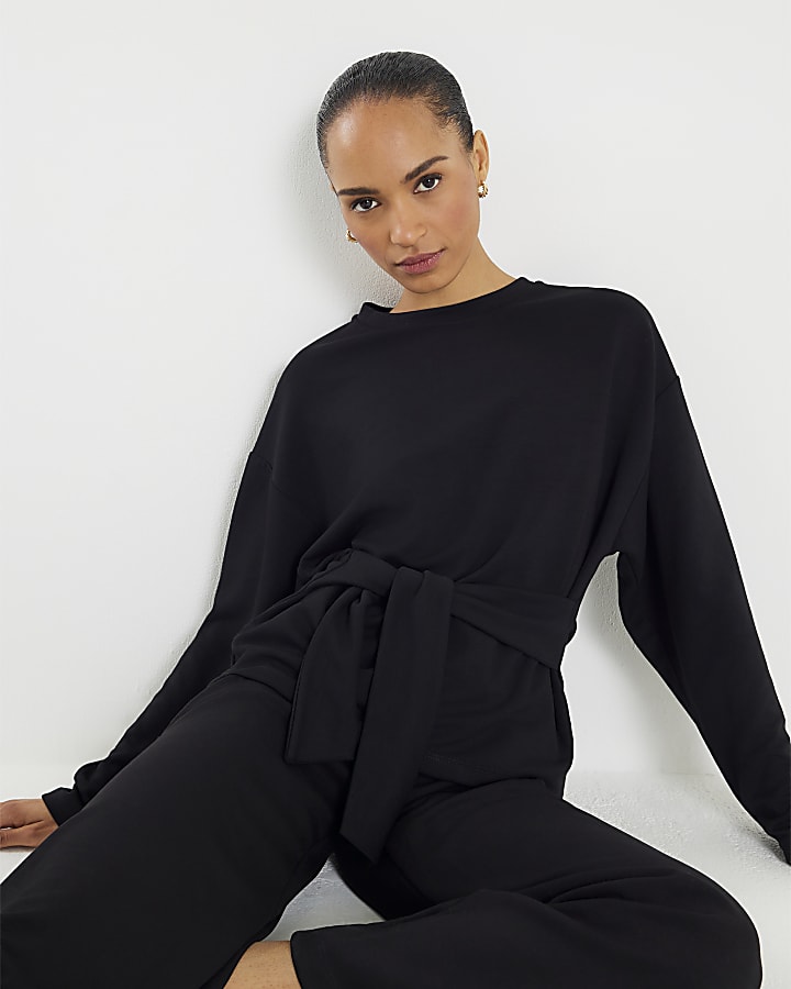 Black Premium Long Sleeve Tie Front Top