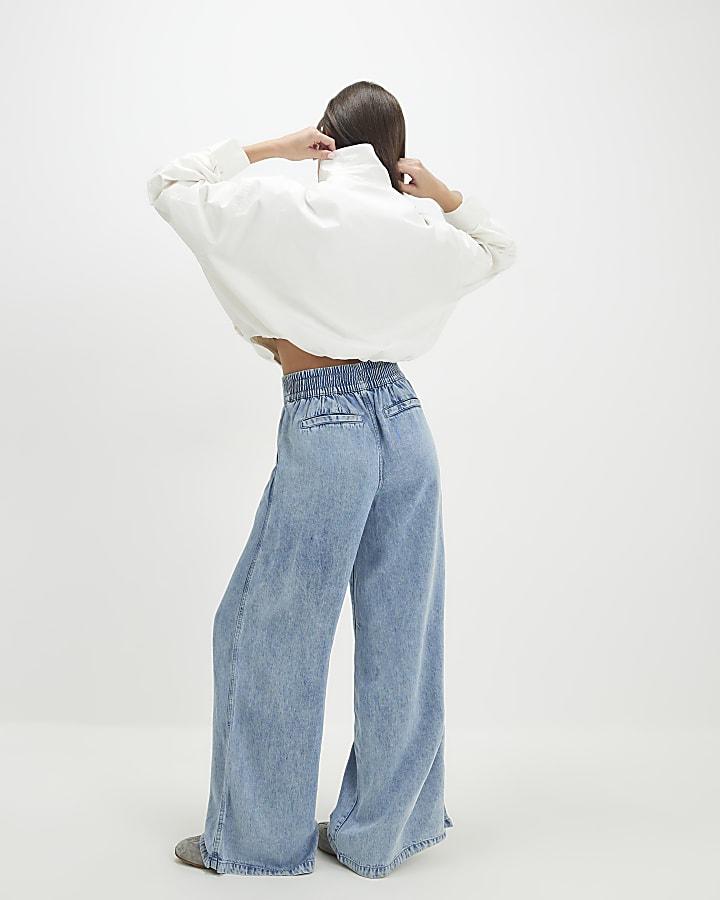 Blue Elasticated Dart Front Wide Leg Jeans