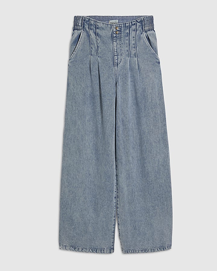 Blue Elasticated Dart Front Wide Leg Jeans