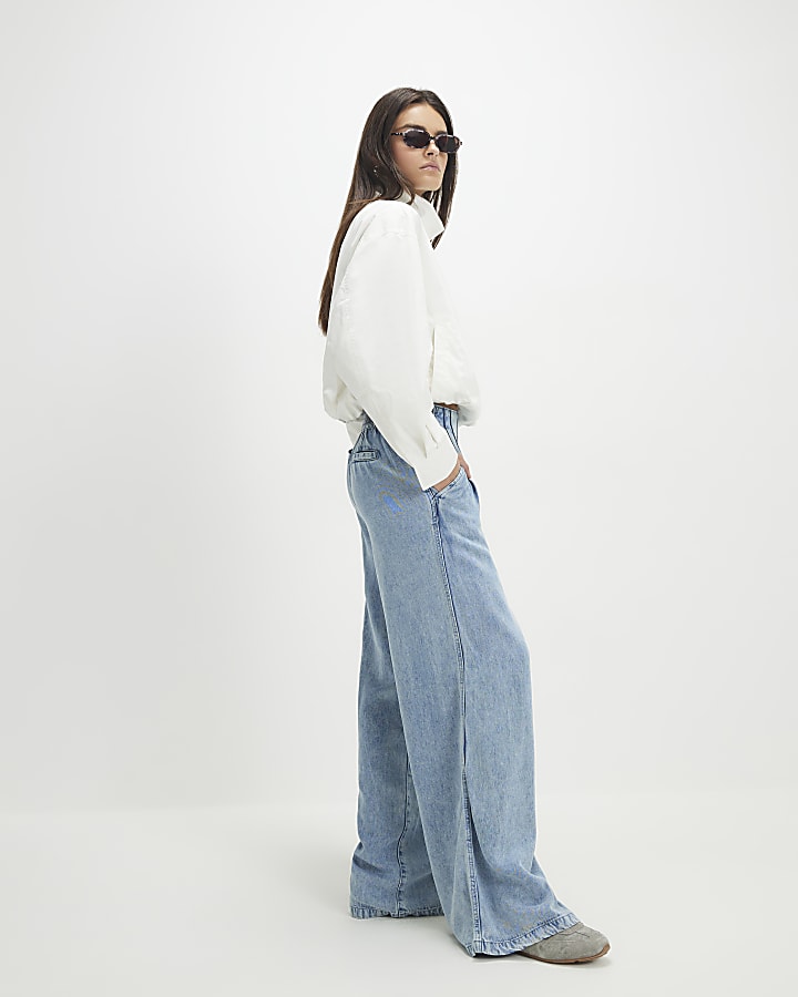 Blue Elasticated Dart Front Wide Leg Jeans