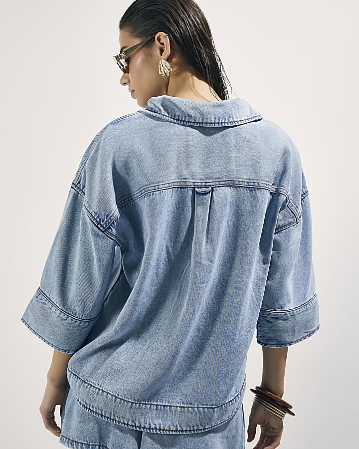 Blue Denim Short Sleeve Tunic Top