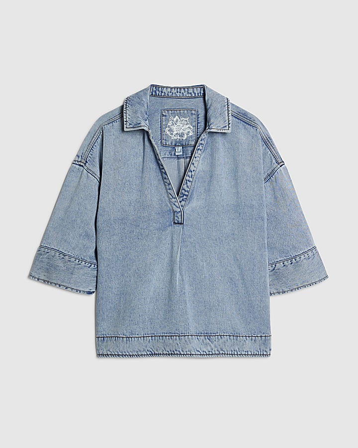 Blue Denim Short Sleeve Tunic Top