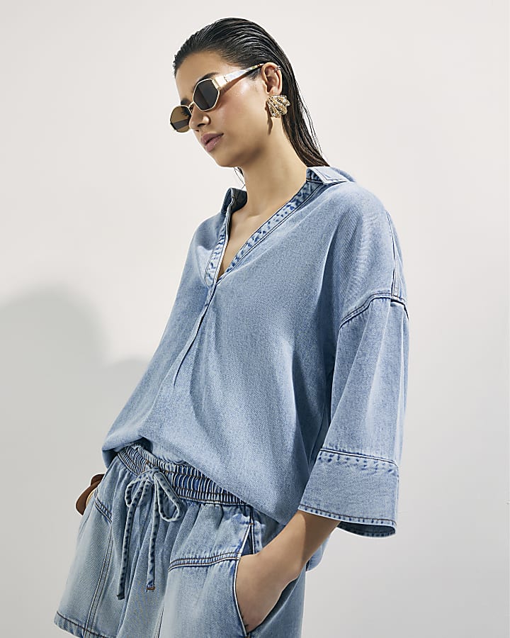 Blue Denim Short Sleeve Tunic Top