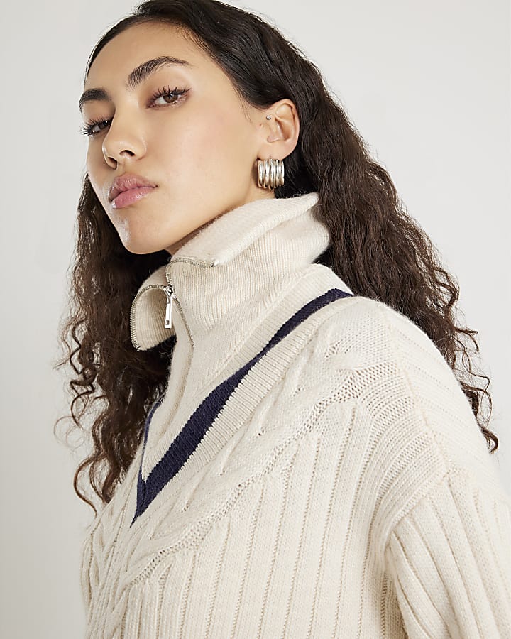 Cream Knitted Stripe detail zip Up Jumper