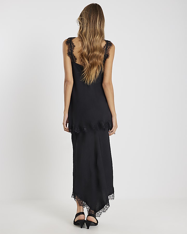 Black Satin Lace Trim Midi Skirt