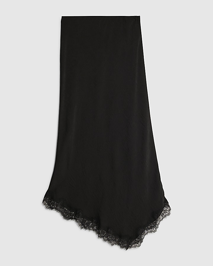Black Satin Lace Trim Midi Skirt