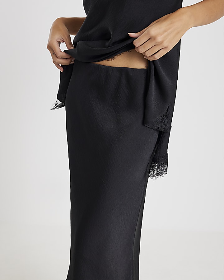 Black Satin Lace Trim Midi Skirt