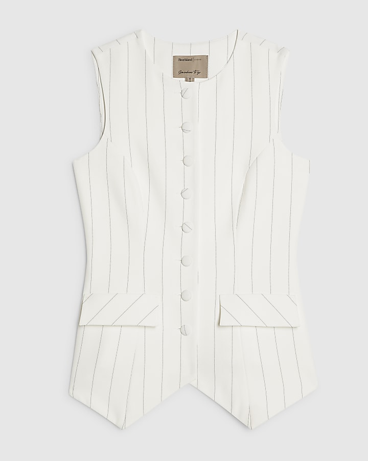 Cream Sleeveless Striped Longline Waistcoat