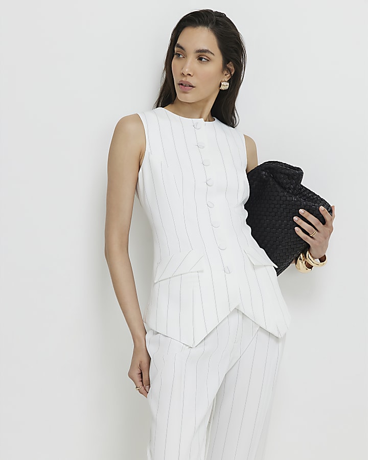 Cream Sleeveless Striped Longline Waistcoat
