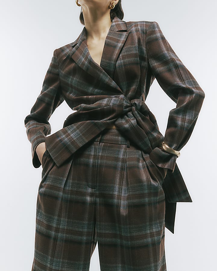 Brown Check Wide Leg Trousers