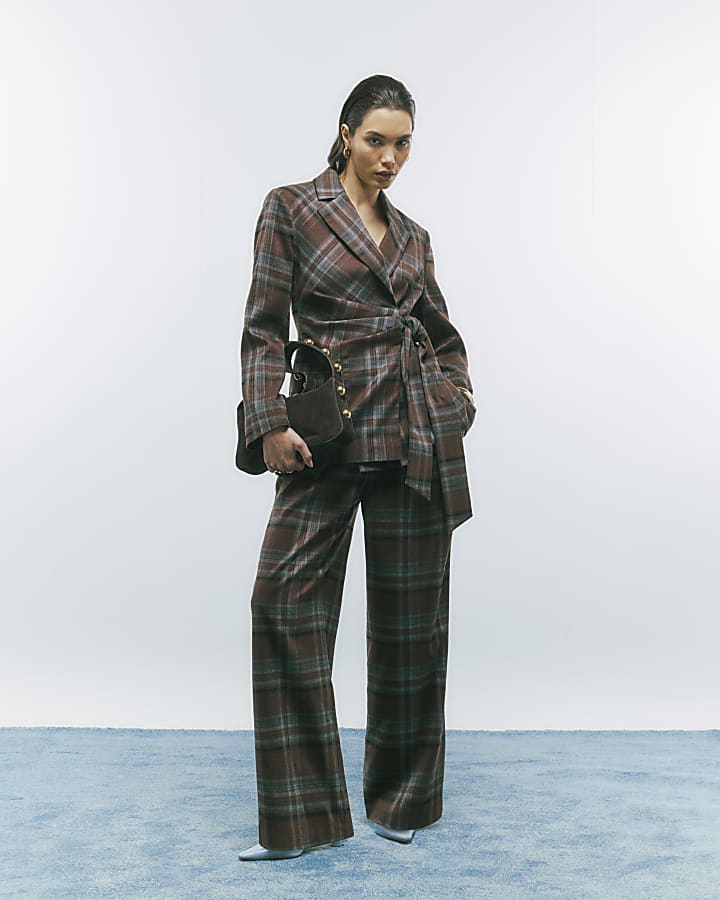 Brown Check Wide Leg Trousers