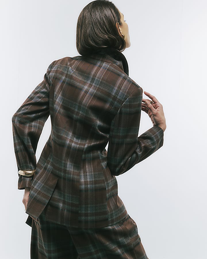 Brown Check Tie Waist Blazer