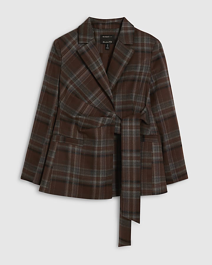 Brown Check Tie Waist Blazer