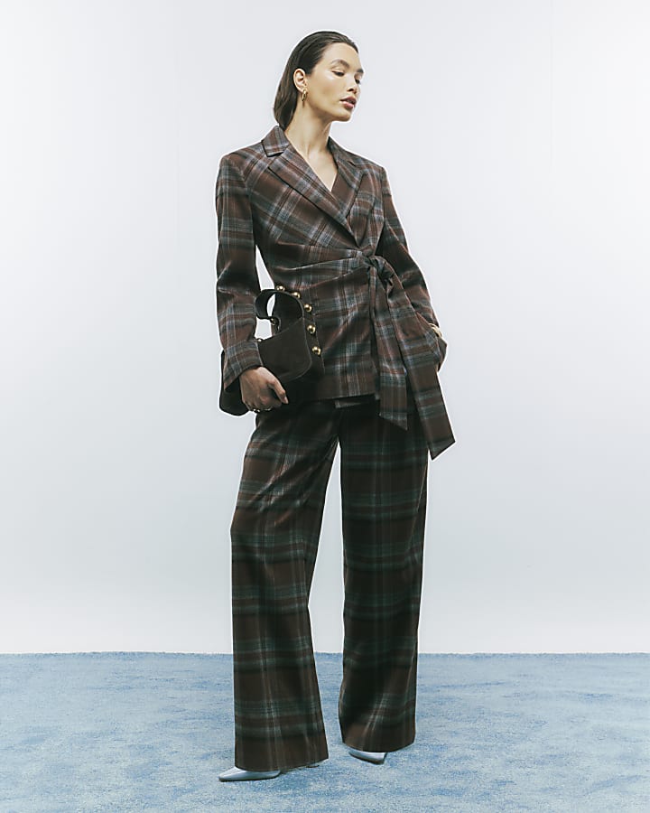 Brown Check Tie Waist Blazer