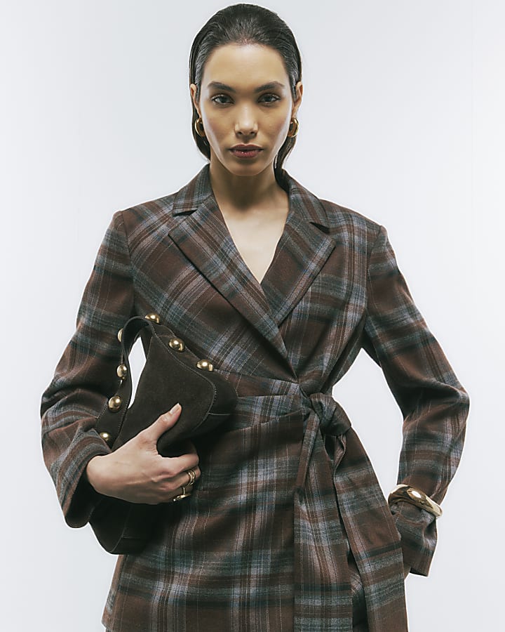 Brown Check Tie Waist Blazer