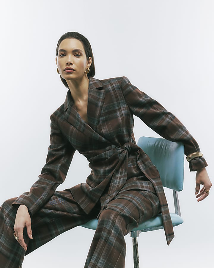 Brown Check Tie Waist Blazer